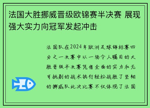 法国大胜挪威晋级欧锦赛半决赛 展现强大实力向冠军发起冲击