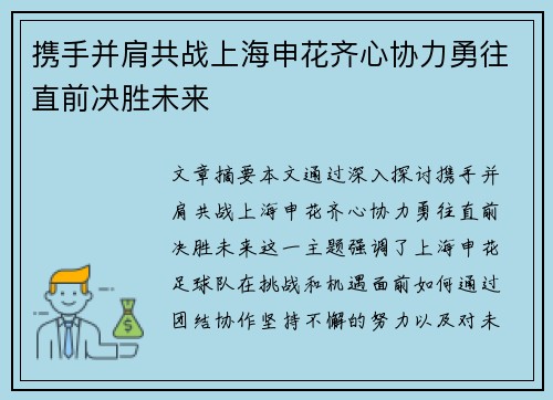 携手并肩共战上海申花齐心协力勇往直前决胜未来